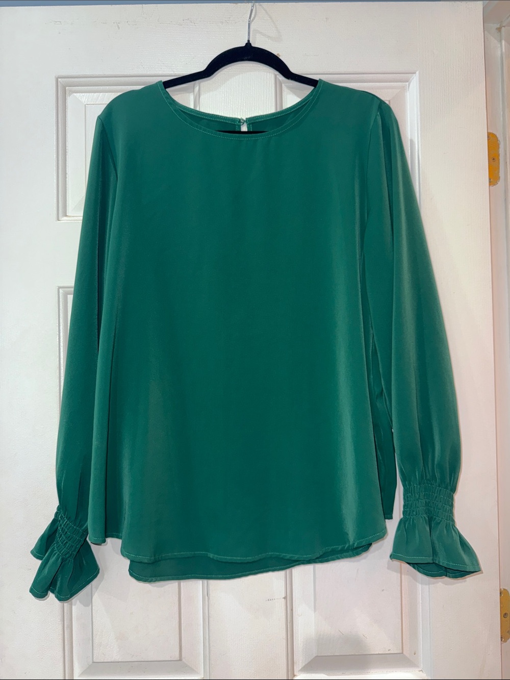 Long-Sleeve Emerald Green Smocked Cuff Blouse